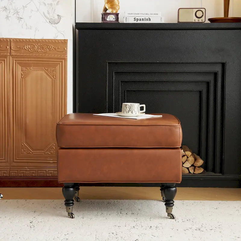 Classic Square PU Leather Ottoman with Solid Wood Legs and Casters