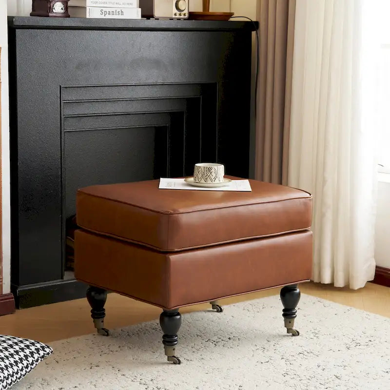 Classic Square PU Leather Ottoman with Solid Wood Legs and Casters