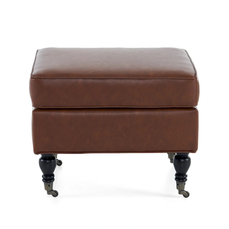 Classic Square PU Leather Ottoman with Solid Wood Legs and Casters
