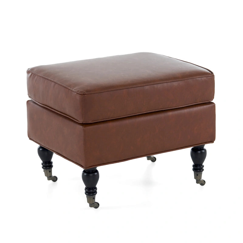 Classic Square PU Leather Ottoman with Solid Wood Legs and Casters