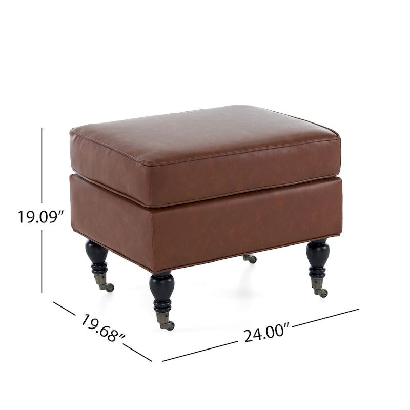 Classic Square PU Leather Ottoman with Solid Wood Legs and Casters