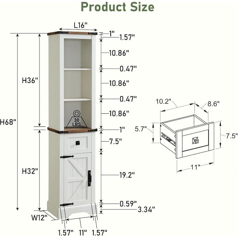 Farmhouse Slim Bathroom Storage Cabinet, 68 Tall Storage Cabinet