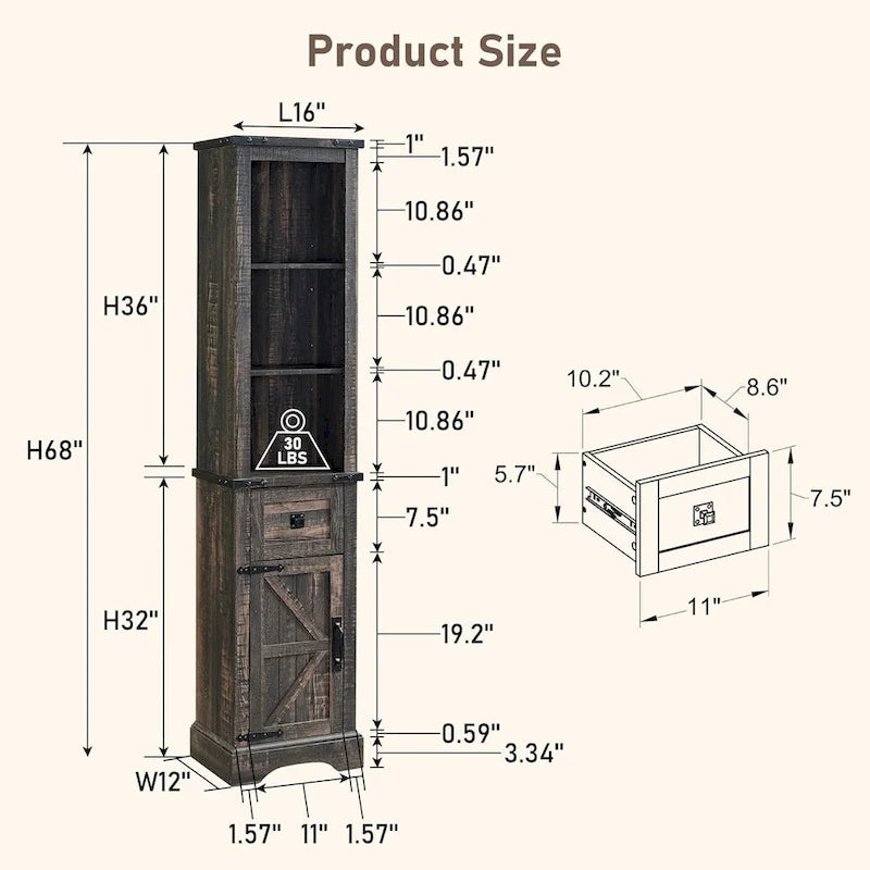Farmhouse Slim Bathroom Storage Cabinet, 68 Tall Storage Cabinet