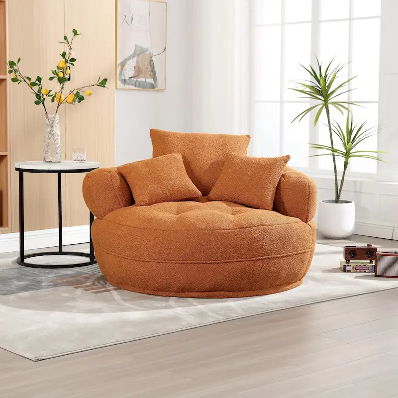 Boucle Upholstered Tufted Barrel Accent Living Room Chair With Toss Pillows