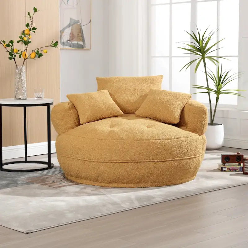 Boucle Upholstered Tufted Barrel Accent Living Room Chair With Toss Pillows