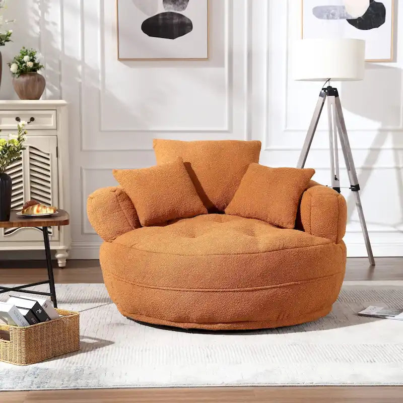 Boucle Upholstered Tufted Barrel Accent Living Room Chair With Toss Pillows