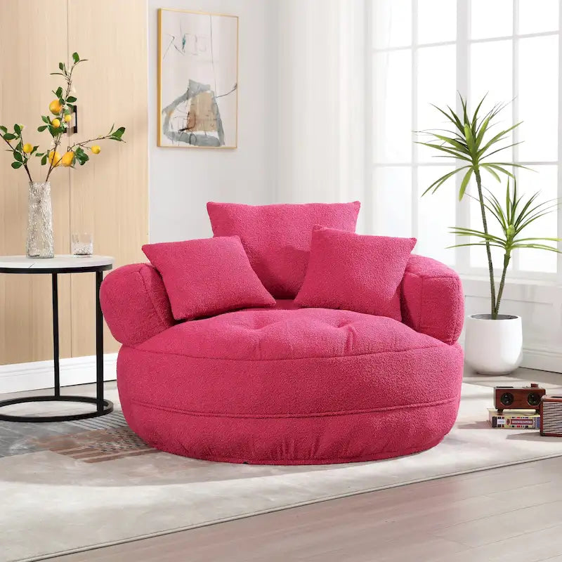 Boucle Upholstered Tufted Barrel Accent Living Room Chair With Toss Pillows