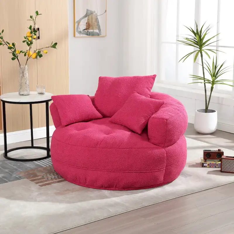 Boucle Upholstered Tufted Barrel Accent Living Room Chair With Toss Pillows
