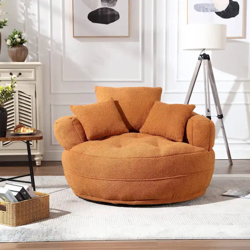 Boucle Upholstered Tufted Barrel Accent Living Room Chair With Toss Pillows