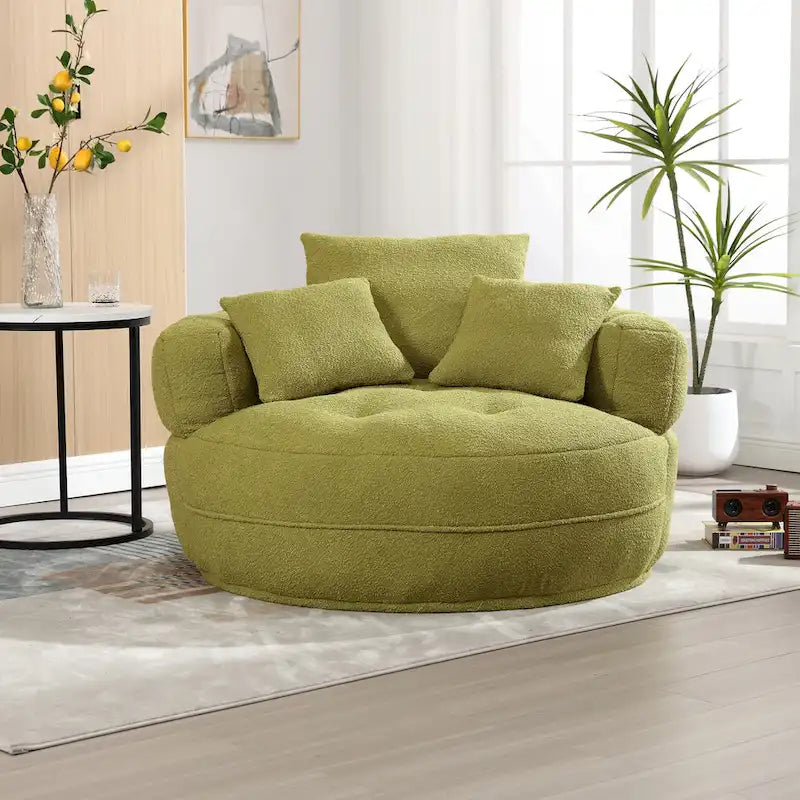 Boucle Upholstered Tufted Barrel Accent Living Room Chair With Toss Pillows