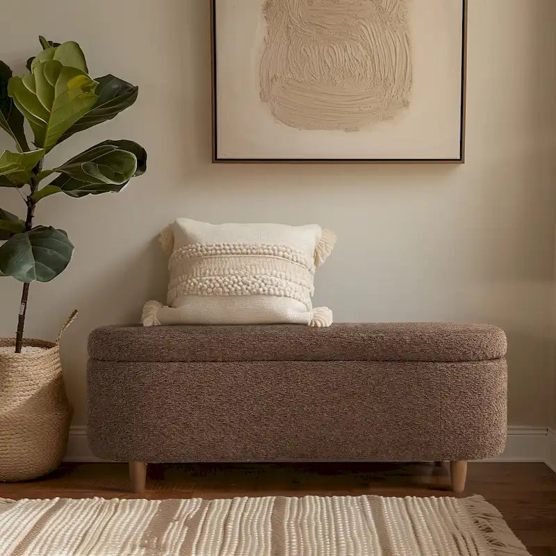Taupe Boucle Flip Top Storage Bench with Soft Close Hinges