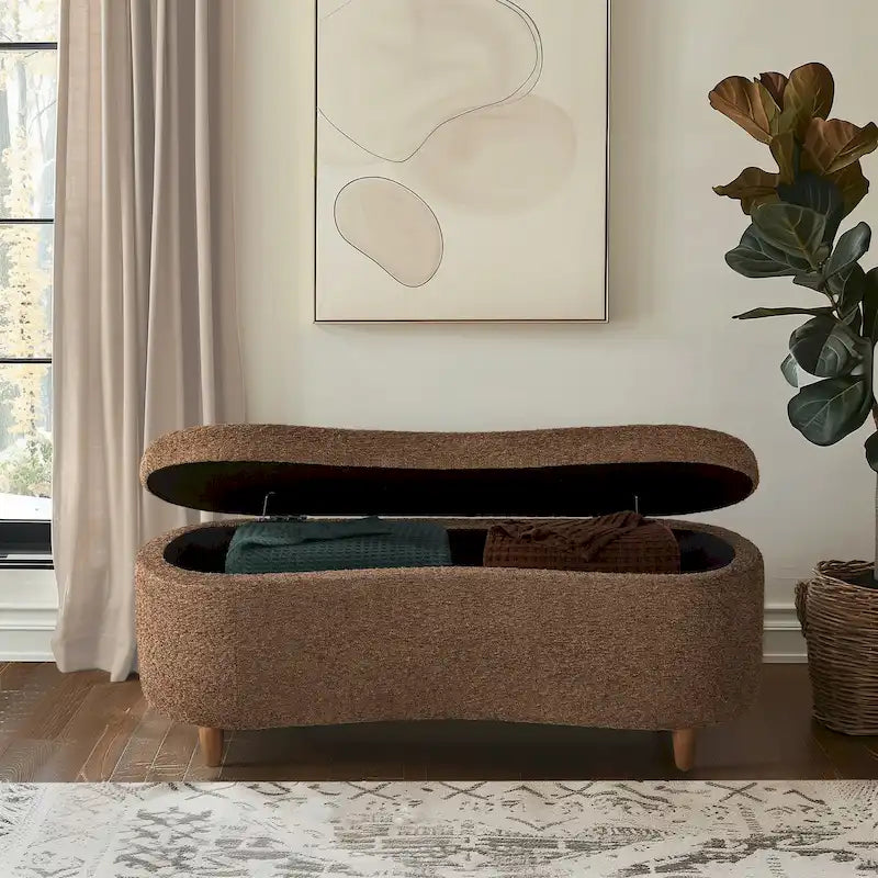 Taupe Boucle Flip Top Storage Bench with Soft Close Hinges