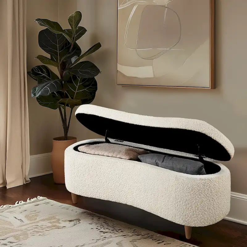 Taupe Boucle Flip Top Storage Bench with Soft Close Hinges