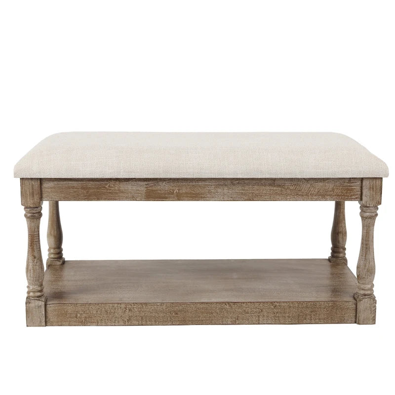 Upholstered Beige Linen Entryway and Bedroom Bench - 17.75 H x 35.5 W x 15.75 D
