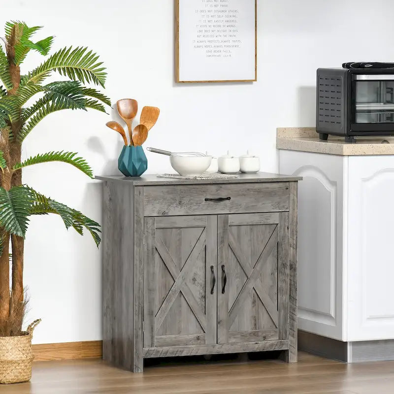 32 Farmhouse Barn Door Style Sideboard Cabinet, Buffet Storage Cabinet Coffee Bar for Living Room or Entryway