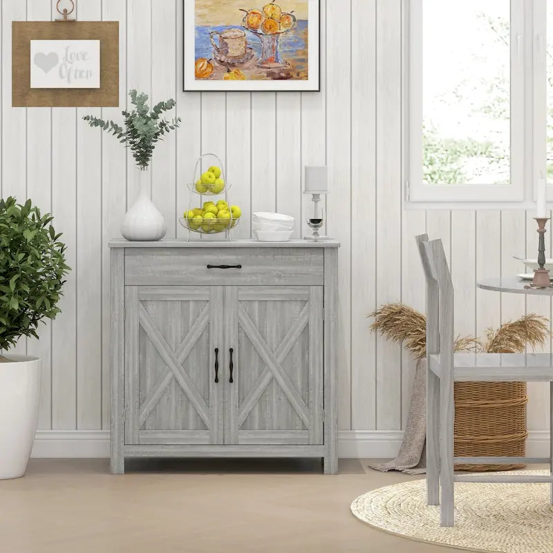 32 Farmhouse Barn Door Style Sideboard Cabinet, Buffet Storage Cabinet Coffee Bar for Living Room or Entryway
