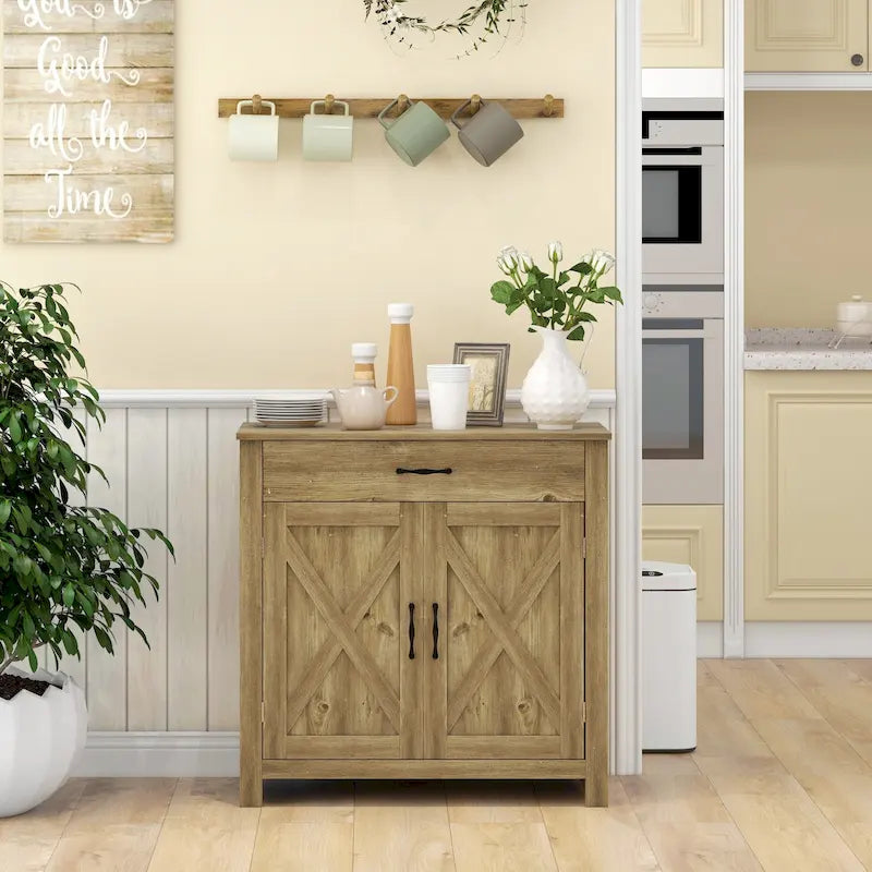 32 Farmhouse Barn Door Style Sideboard Cabinet, Buffet Storage Cabinet Coffee Bar for Living Room or Entryway
