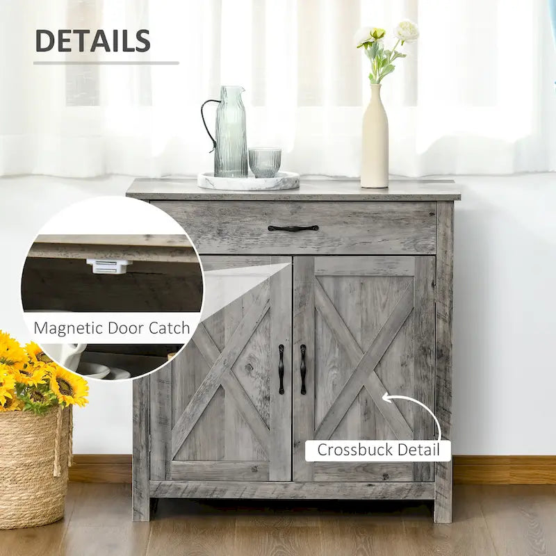 32 Farmhouse Barn Door Style Sideboard Cabinet, Buffet Storage Cabinet Coffee Bar for Living Room or Entryway