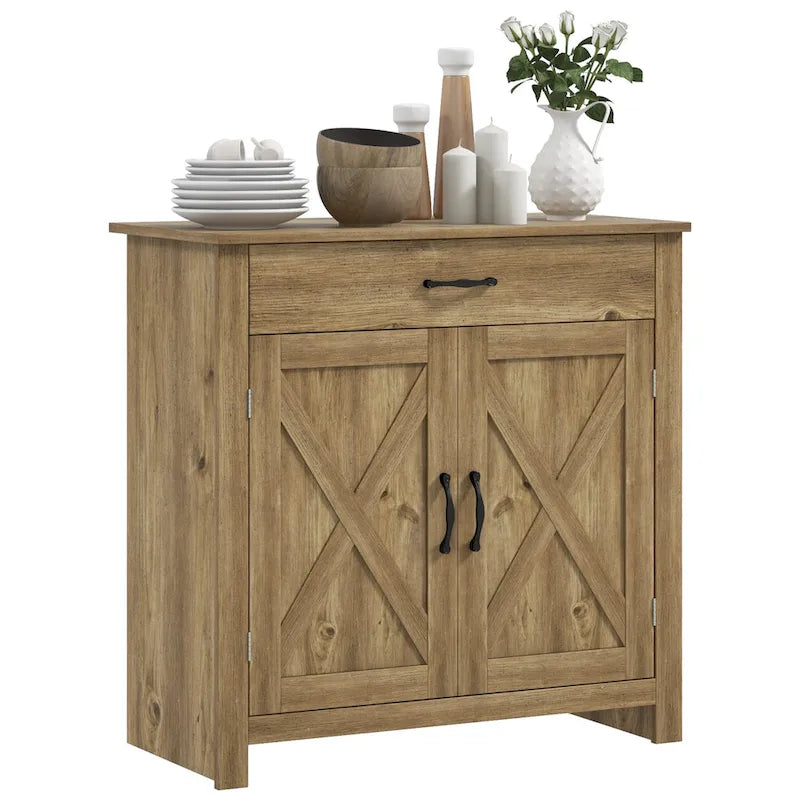 32 Farmhouse Barn Door Style Sideboard Cabinet, Buffet Storage Cabinet Coffee Bar for Living Room or Entryway