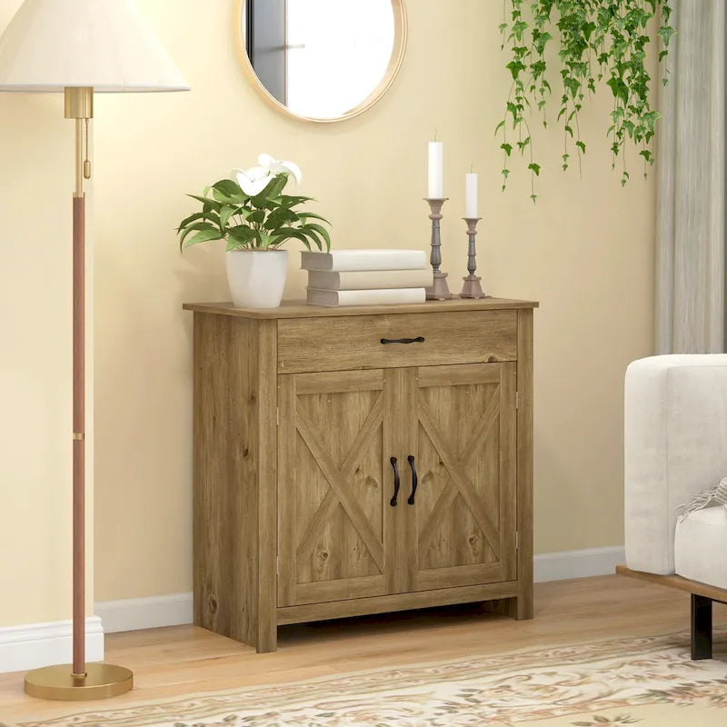 32 Farmhouse Barn Door Style Sideboard Cabinet, Buffet Storage Cabinet Coffee Bar for Living Room or Entryway