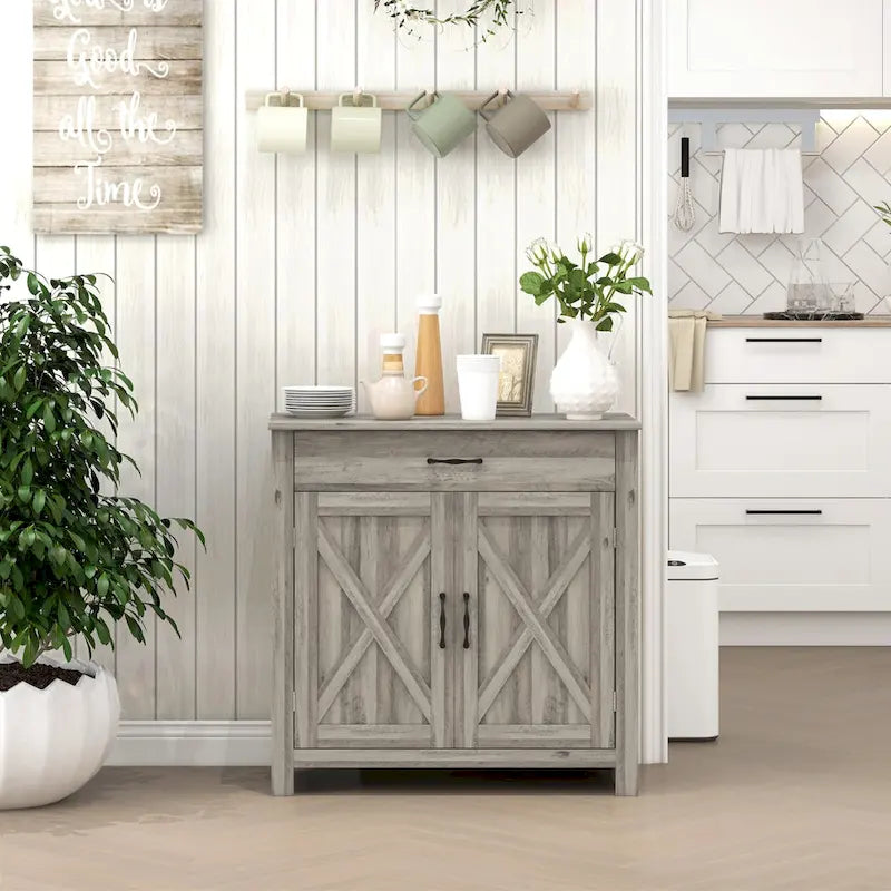 32 Farmhouse Barn Door Style Sideboard Cabinet, Buffet Storage Cabinet Coffee Bar for Living Room or Entryway