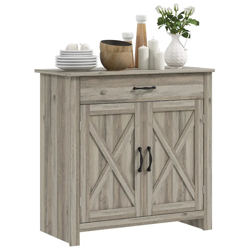 32 Farmhouse Barn Door Style Sideboard Cabinet, Buffet Storage Cabinet Coffee Bar for Living Room or Entryway