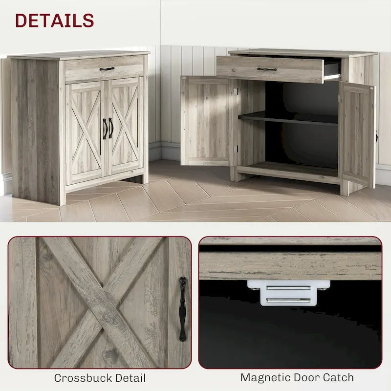 32 Farmhouse Barn Door Style Sideboard Cabinet, Buffet Storage Cabinet Coffee Bar for Living Room or Entryway
