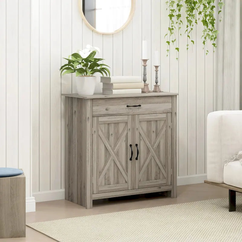 32 Farmhouse Barn Door Style Sideboard Cabinet, Buffet Storage Cabinet Coffee Bar for Living Room or Entryway