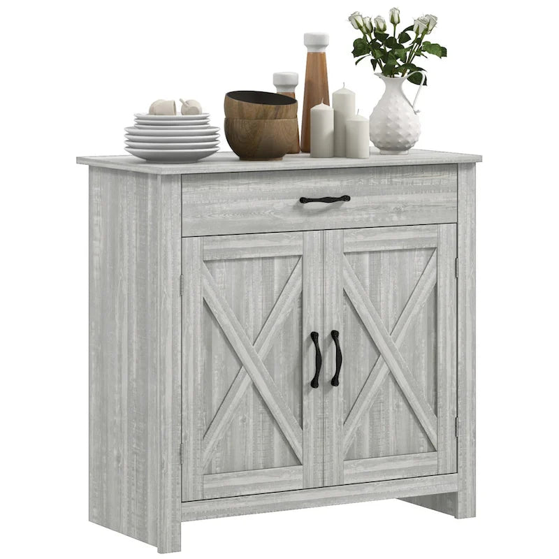 32 Farmhouse Barn Door Style Sideboard Cabinet, Buffet Storage Cabinet Coffee Bar for Living Room or Entryway