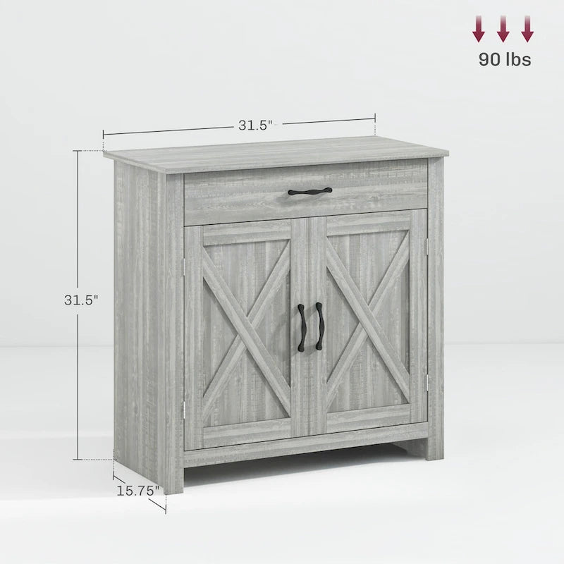 32 Farmhouse Barn Door Style Sideboard Cabinet, Buffet Storage Cabinet Coffee Bar for Living Room or Entryway