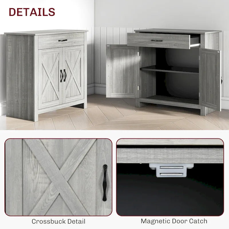 32 Farmhouse Barn Door Style Sideboard Cabinet, Buffet Storage Cabinet Coffee Bar for Living Room or Entryway