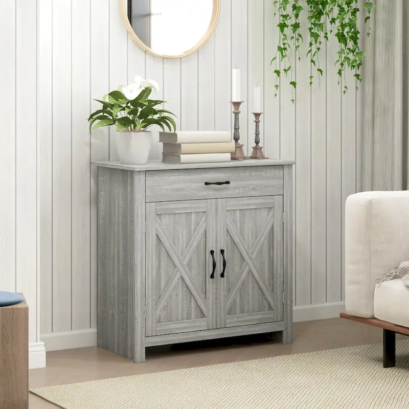32 Farmhouse Barn Door Style Sideboard Cabinet, Buffet Storage Cabinet Coffee Bar for Living Room or Entryway