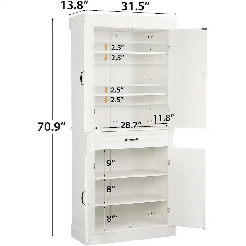 71 Freestanding Kitchen Pantry Cabinet, Tall Storage Cabinet with Drawer and Adjustable Shelves, 2-Door Floor Cupboard