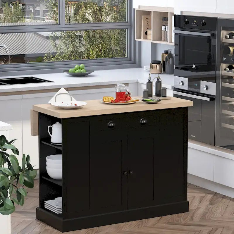 Fluted-Style Wooden Kitchen Island, Countertop with Drop Leaf, Drawer, Open Shelves, Storage