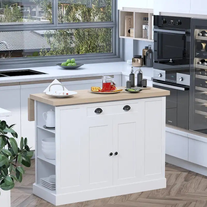 Fluted-Style Wooden Kitchen Island, Countertop with Drop Leaf, Drawer, Open Shelves, Storage