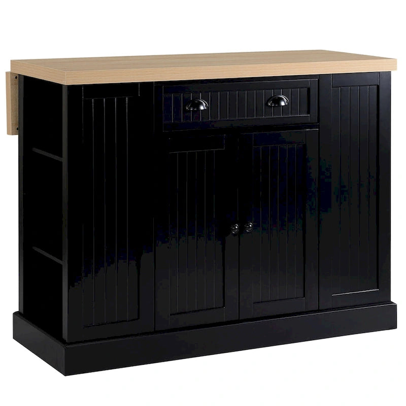 Fluted-Style Wooden Kitchen Island, Countertop with Drop Leaf, Drawer, Open Shelves, Storage
