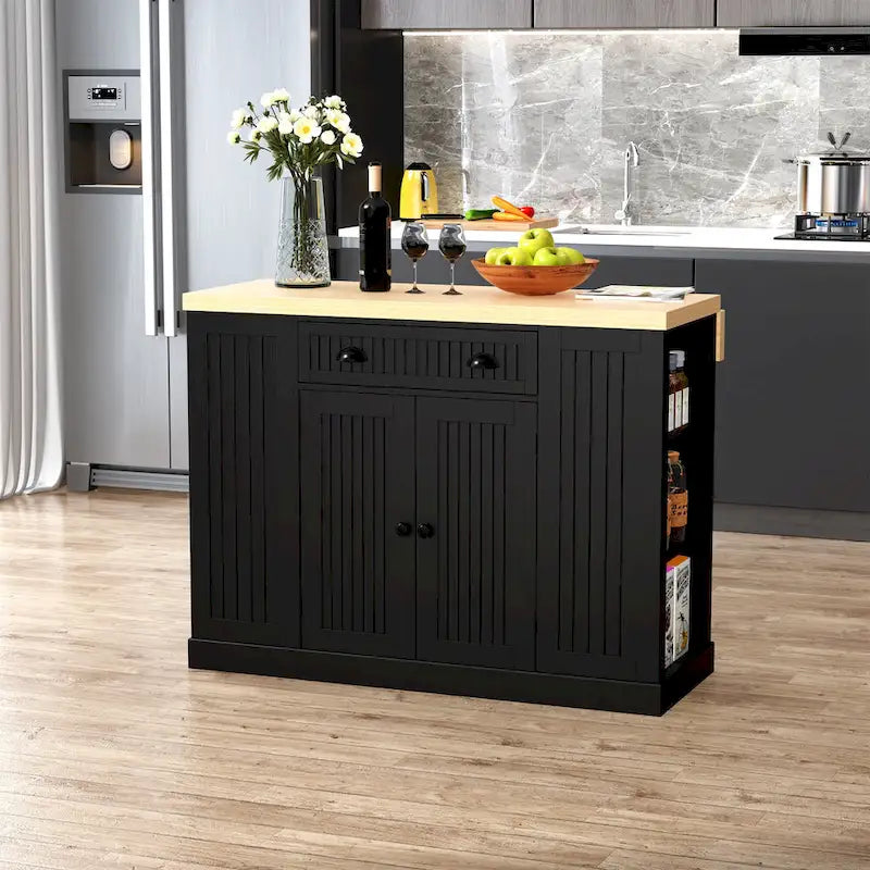 Fluted-Style Wooden Kitchen Island, Countertop with Drop Leaf, Drawer, Open Shelves, Storage