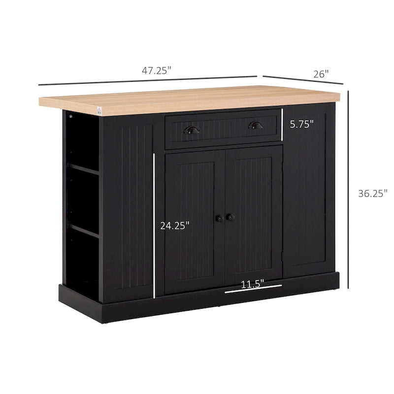 Fluted-Style Wooden Kitchen Island, Countertop with Drop Leaf, Drawer, Open Shelves, Storage