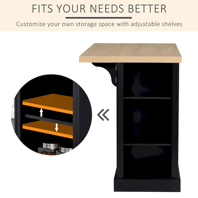 Fluted-Style Wooden Kitchen Island, Countertop with Drop Leaf, Drawer, Open Shelves, Storage