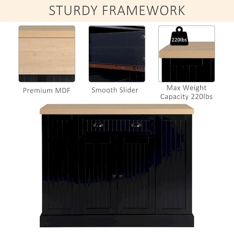 Fluted-Style Wooden Kitchen Island, Countertop with Drop Leaf, Drawer, Open Shelves, Storage