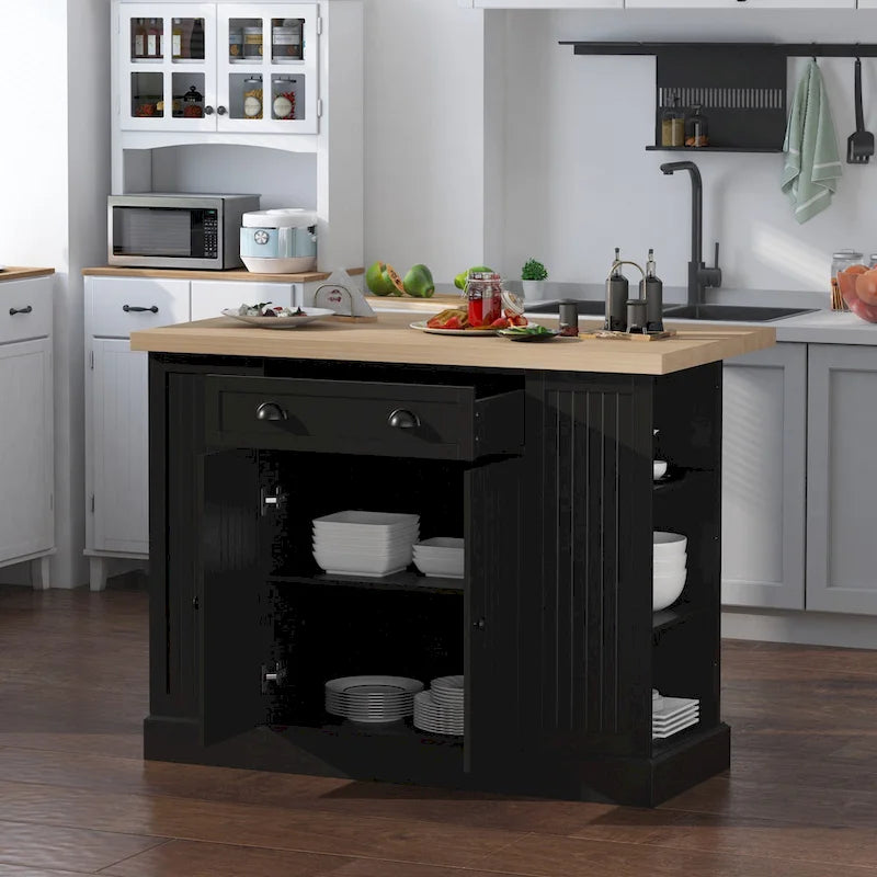 Fluted-Style Wooden Kitchen Island, Countertop with Drop Leaf, Drawer, Open Shelves, Storage