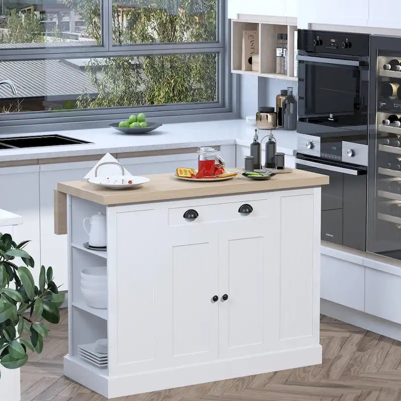 Fluted-Style Wooden Kitchen Island, Countertop with Drop Leaf, Drawer, Open Shelves, Storage