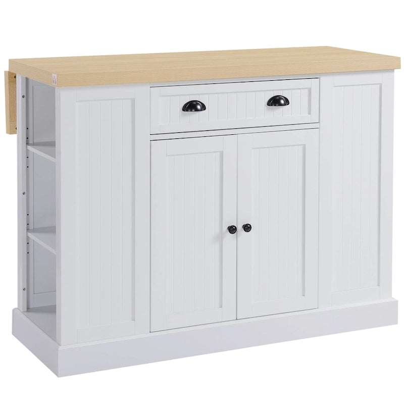Fluted-Style Wooden Kitchen Island, Countertop with Drop Leaf, Drawer, Open Shelves, Storage