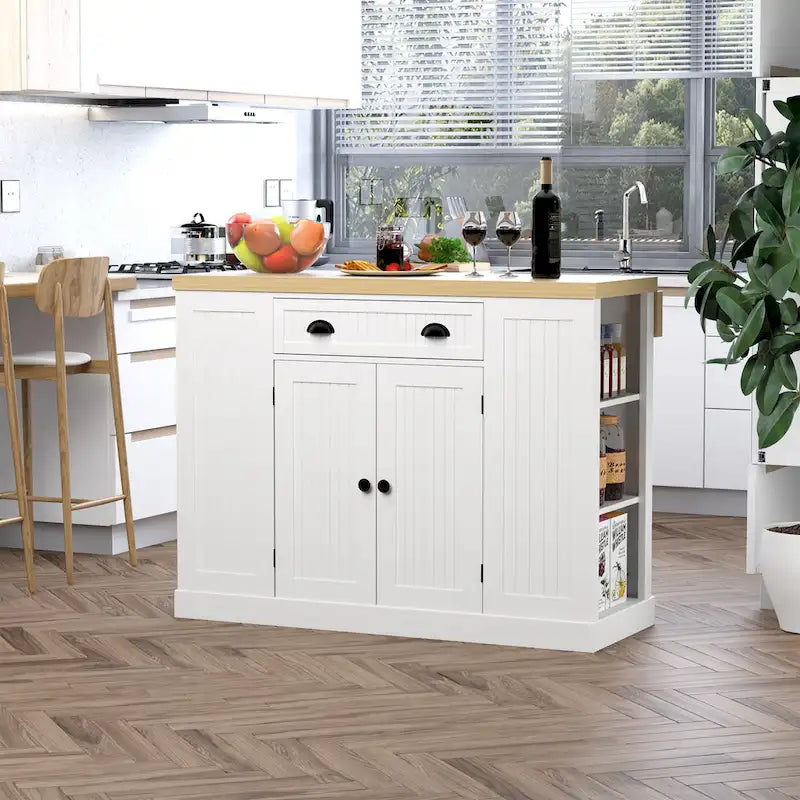 Fluted-Style Wooden Kitchen Island, Countertop with Drop Leaf, Drawer, Open Shelves, Storage