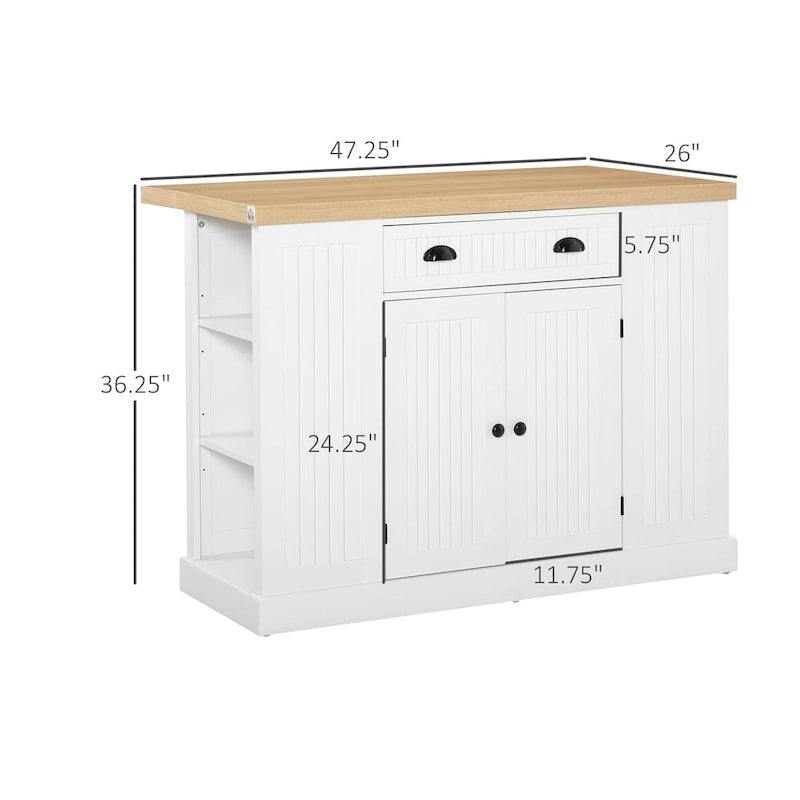 Fluted-Style Wooden Kitchen Island, Countertop with Drop Leaf, Drawer, Open Shelves, Storage