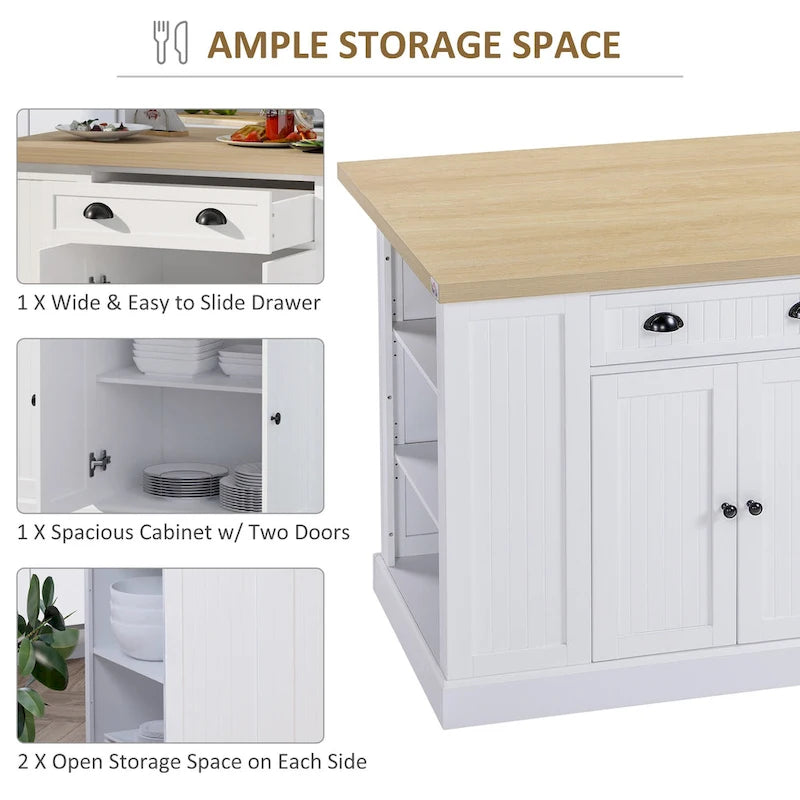 Fluted-Style Wooden Kitchen Island, Countertop with Drop Leaf, Drawer, Open Shelves, Storage