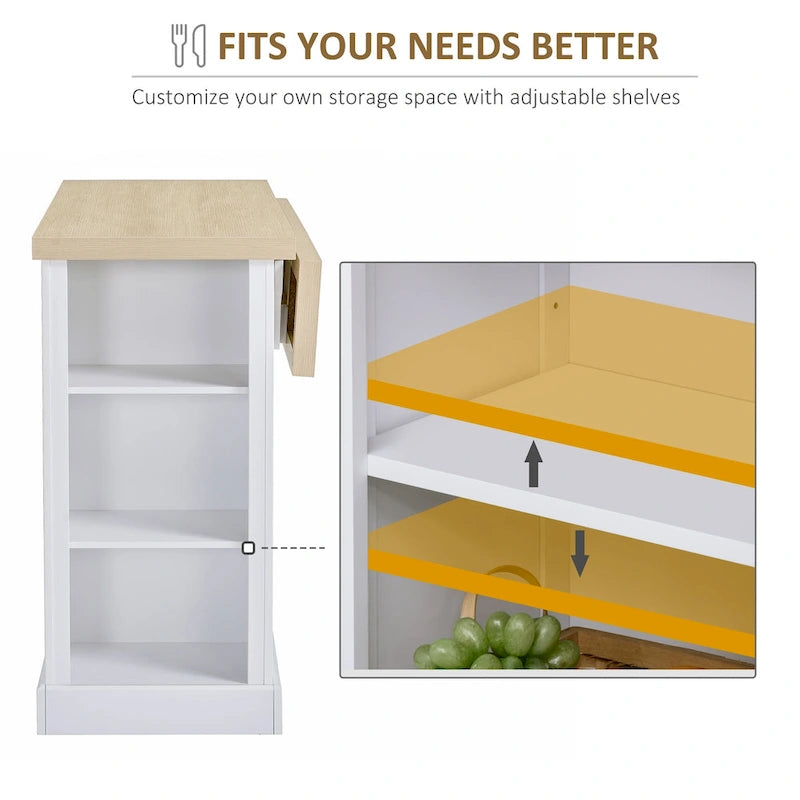 Fluted-Style Wooden Kitchen Island, Countertop with Drop Leaf, Drawer, Open Shelves, Storage