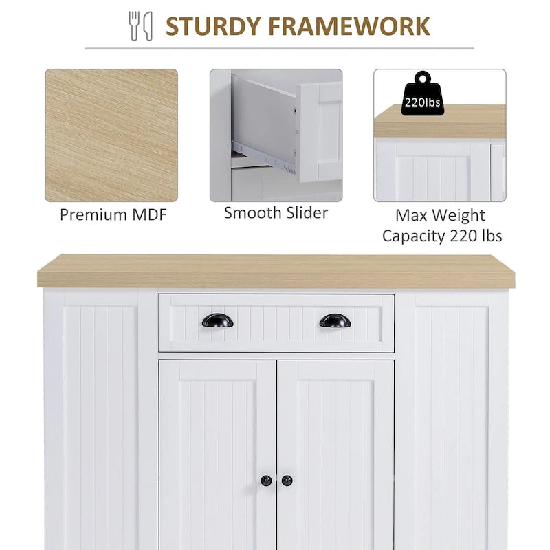 Fluted-Style Wooden Kitchen Island, Countertop with Drop Leaf, Drawer, Open Shelves, Storage