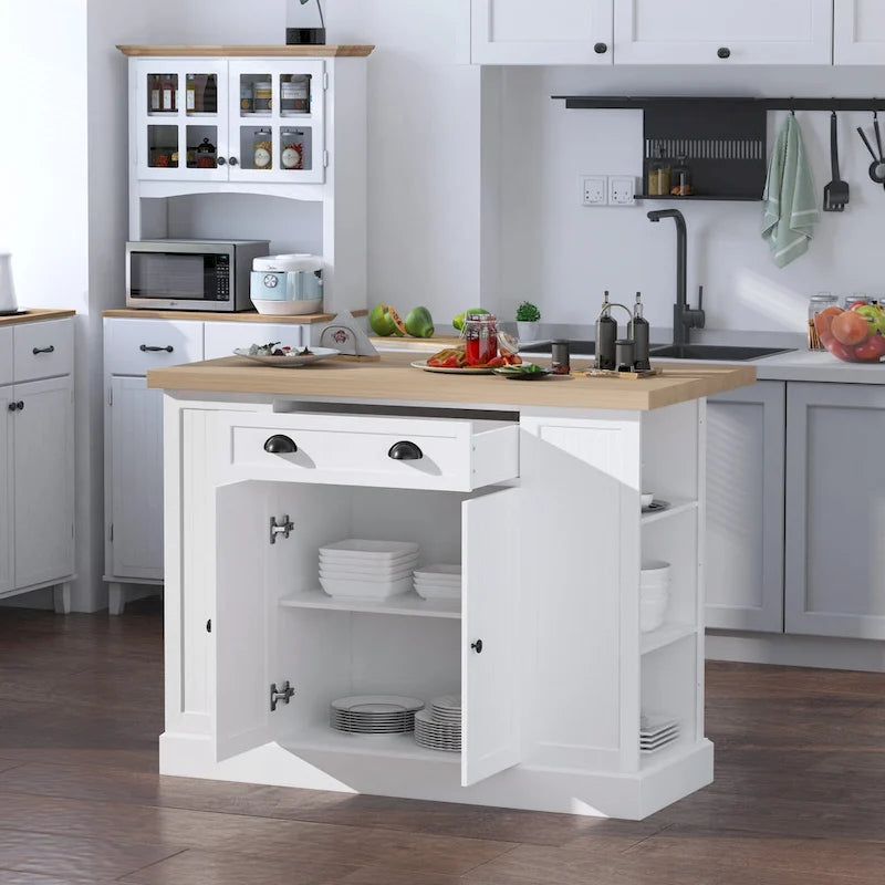 Fluted-Style Wooden Kitchen Island, Countertop with Drop Leaf, Drawer, Open Shelves, Storage