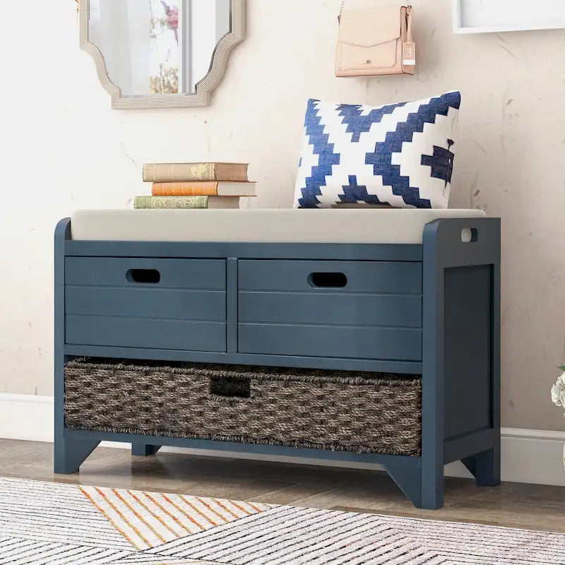 Storage Bench with Removable Basket and 2 Drawers, Fully Assembled Shoe Bench with Removable Cushion - 32 L x 11.8 W x 20 H